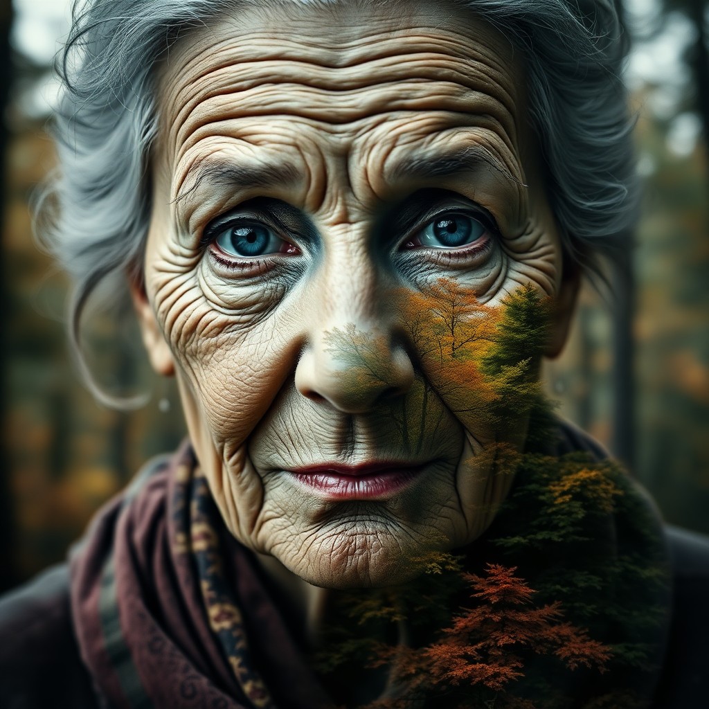 AI generated art for prompt: Craft a captivating double exposure portrait showcasing an insightful elderly woman with deep lines 