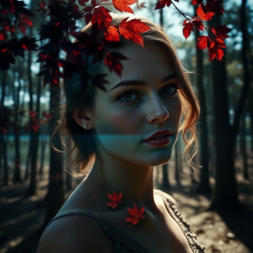 AI generated art for prompt: A captivating double exposure portrait showcases a woman in her late twenties with striking hazel ey