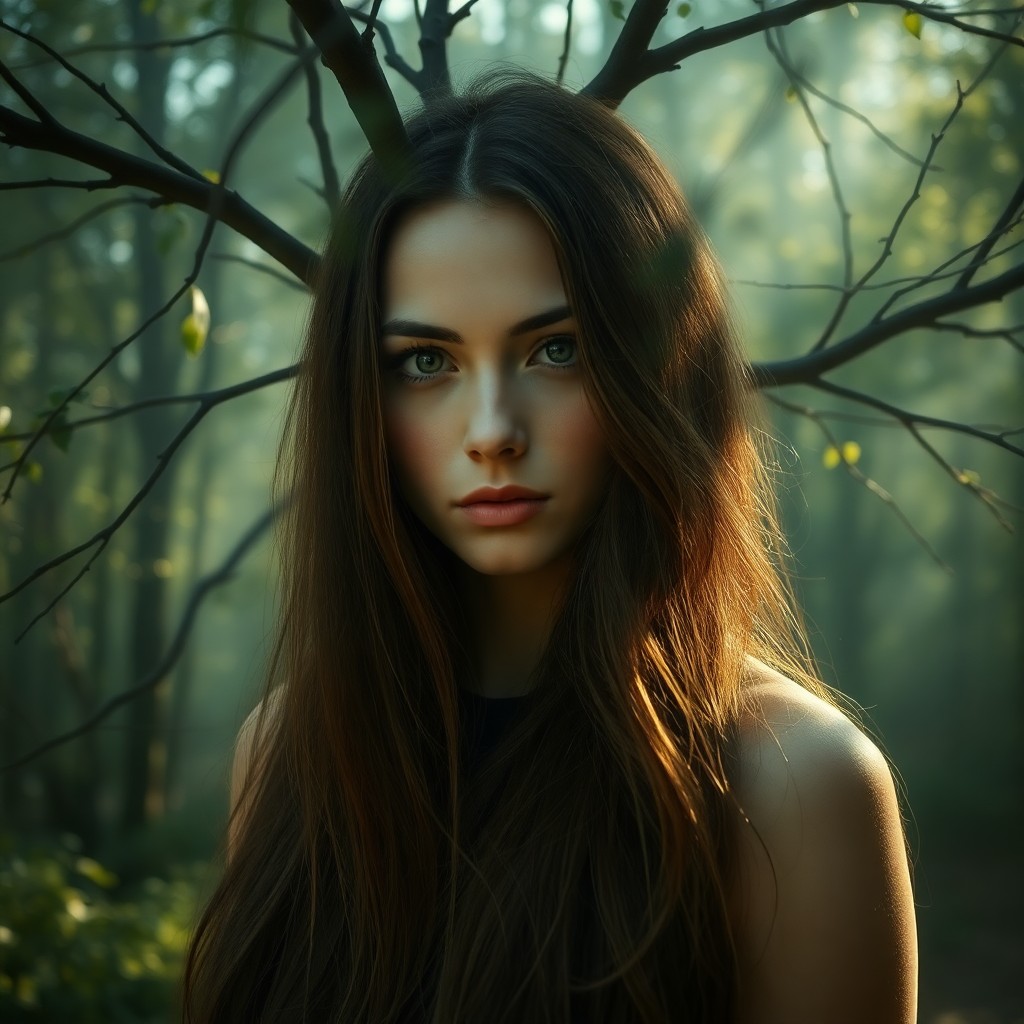 AI generated art for prompt: A DSLR portrait captures an enigmatic woman with long hair merging into a misty forest backdrop. Eth