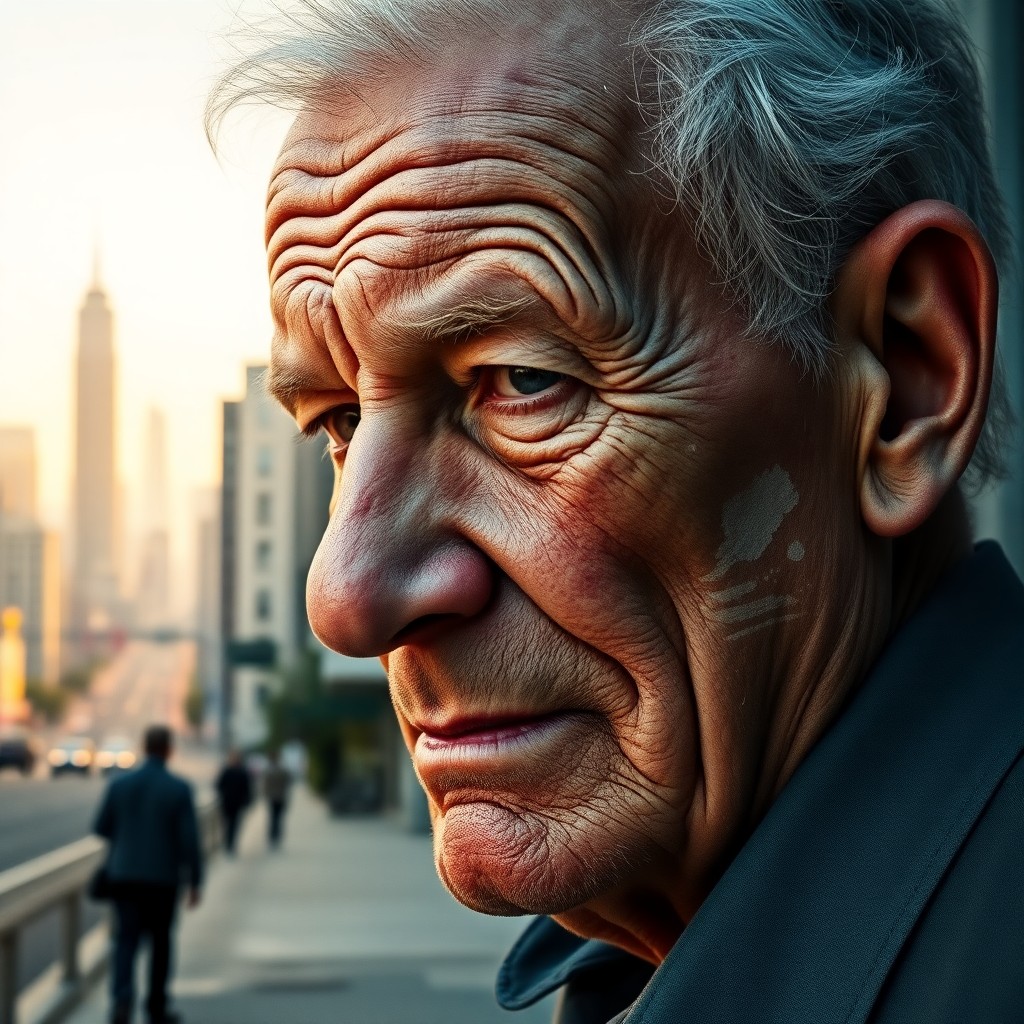 AI generated art for prompt: Create a photorealistic double exposure portrait showcasing an elderly man with deep wrinkles etched