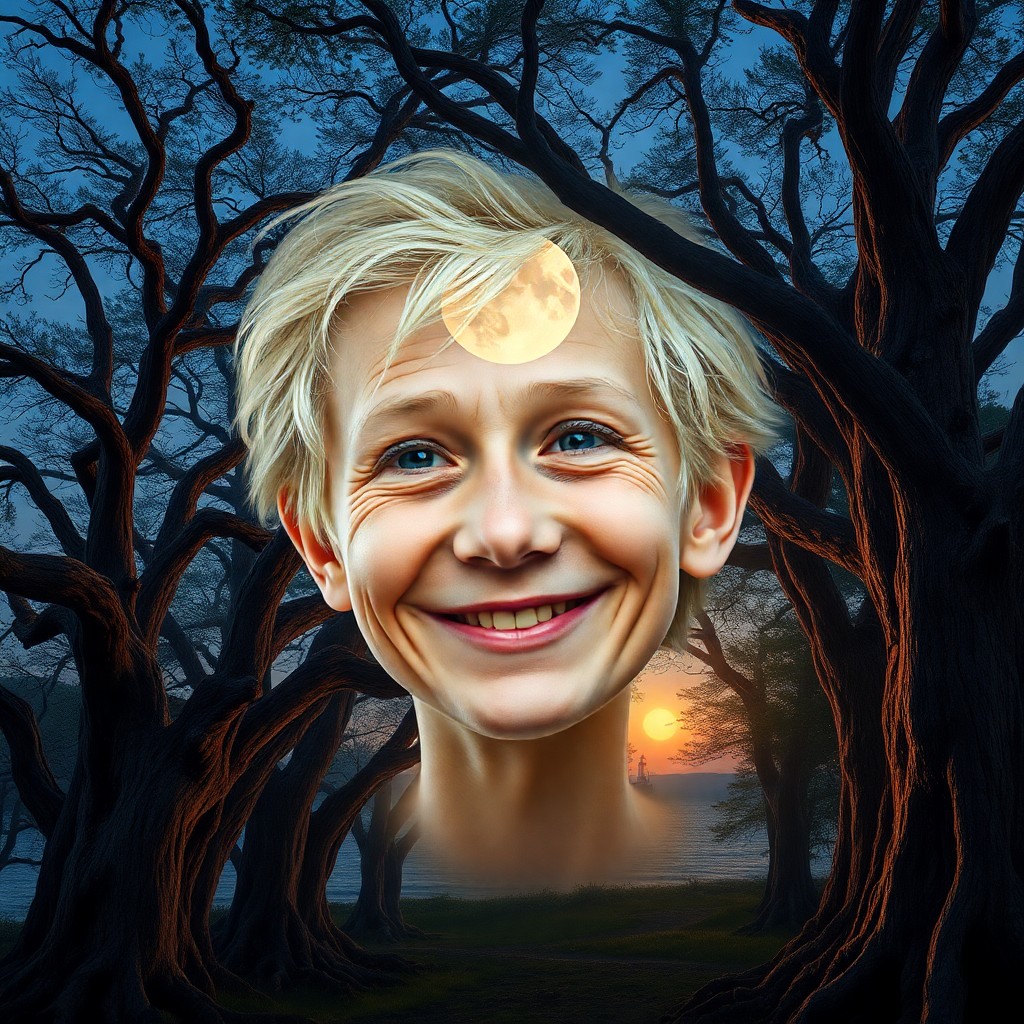 AI generated art for prompt: A photorealistic portrait depicts an elderly boy with sun-bleached hair and weathered skin, his resi