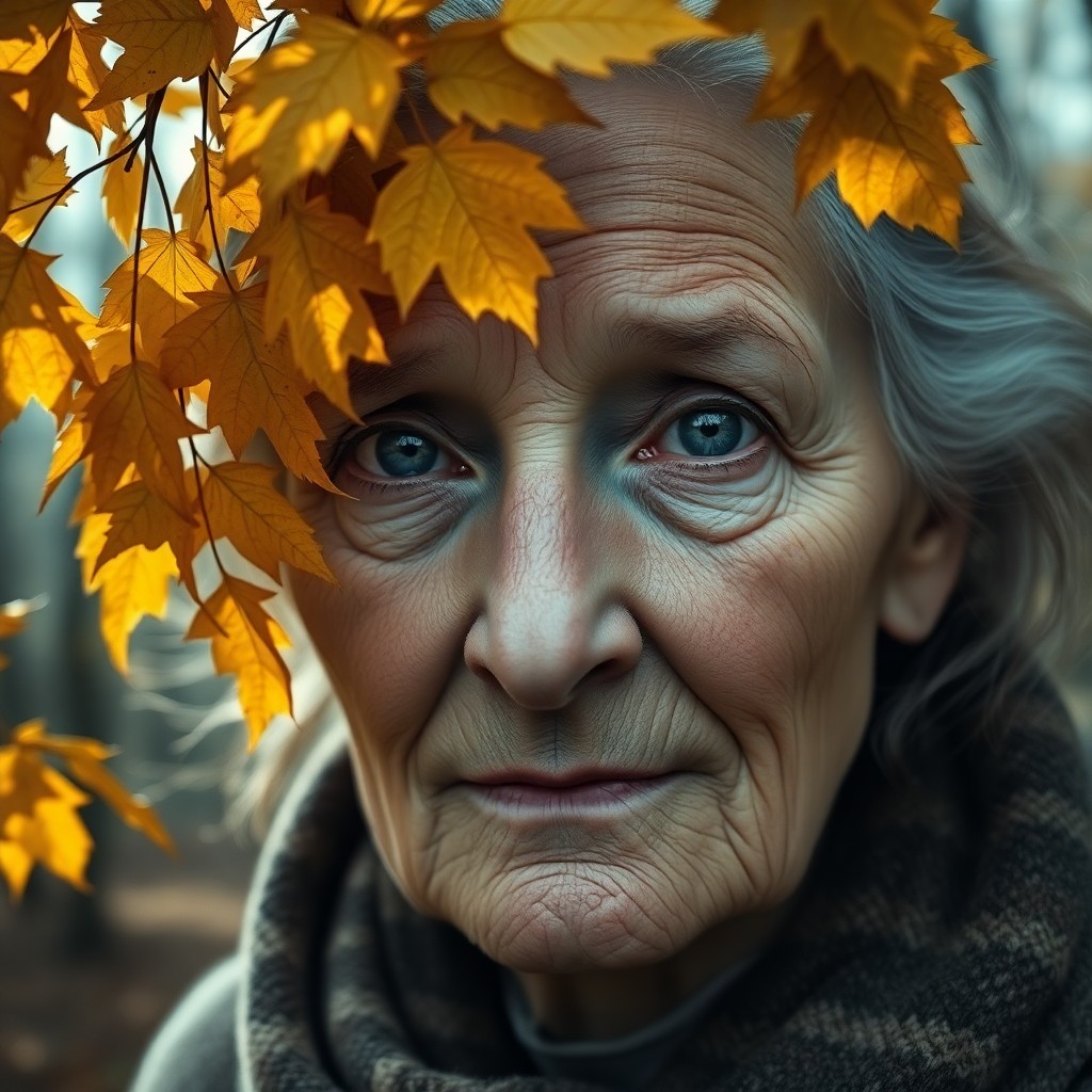 AI generated art for prompt: Create a photorealistic portrait of an elderly woman with weathered skin and intense blue eyes. Her 