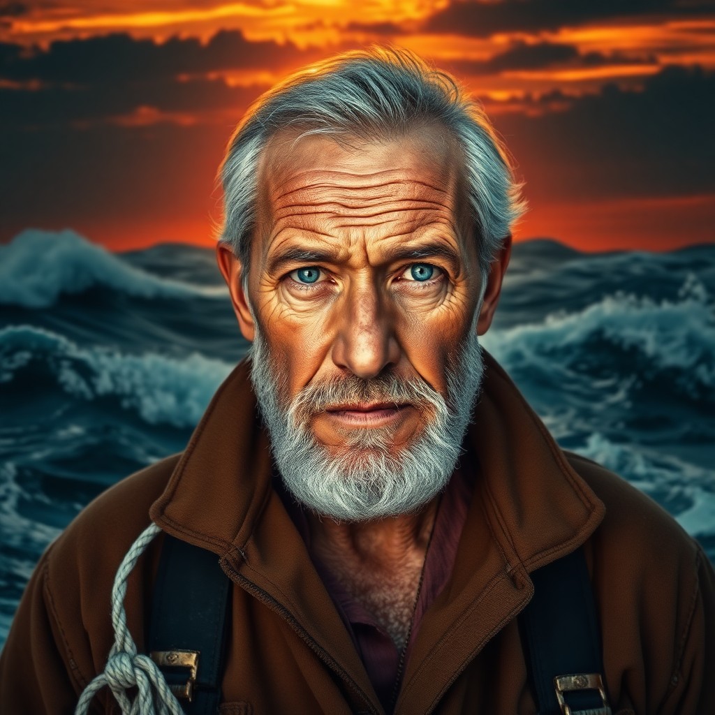 AI generated art for prompt: Envision a striking portrait of a weathered middle-aged fisherman, his sun-etched skin and rugged fe