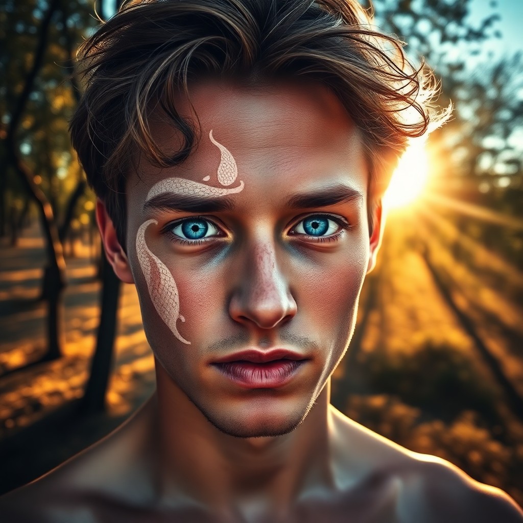 AI generated art for prompt: A young man with sun-kissed skin and tousled hair bears intricate patterns resembling Japanese koi f