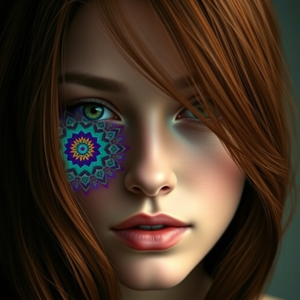 AI generated art for prompt: A captivating digital portrait showcases a young woman with mesmerizing green eyes and cascading che