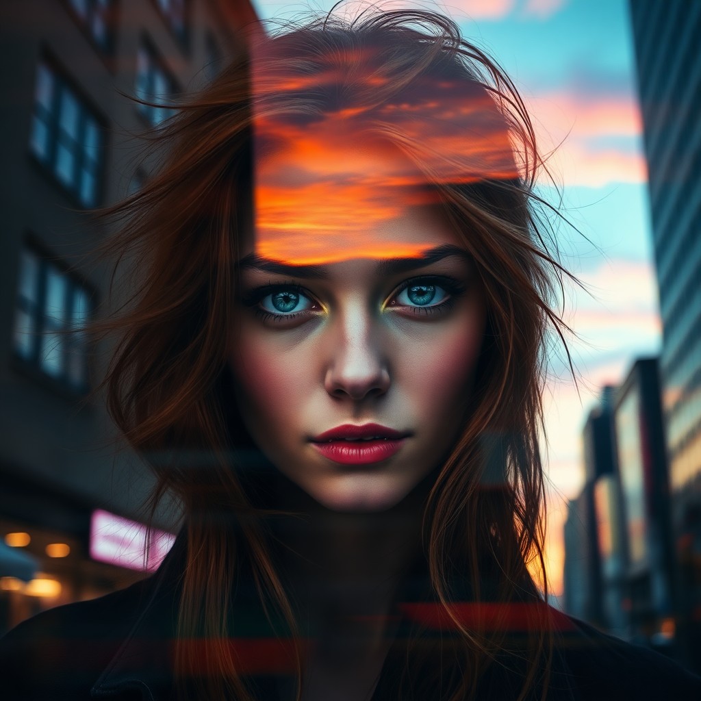 AI generated art for prompt: Visualize a captivating double exposure portrait of a charismatic young woman with mesmerizing green