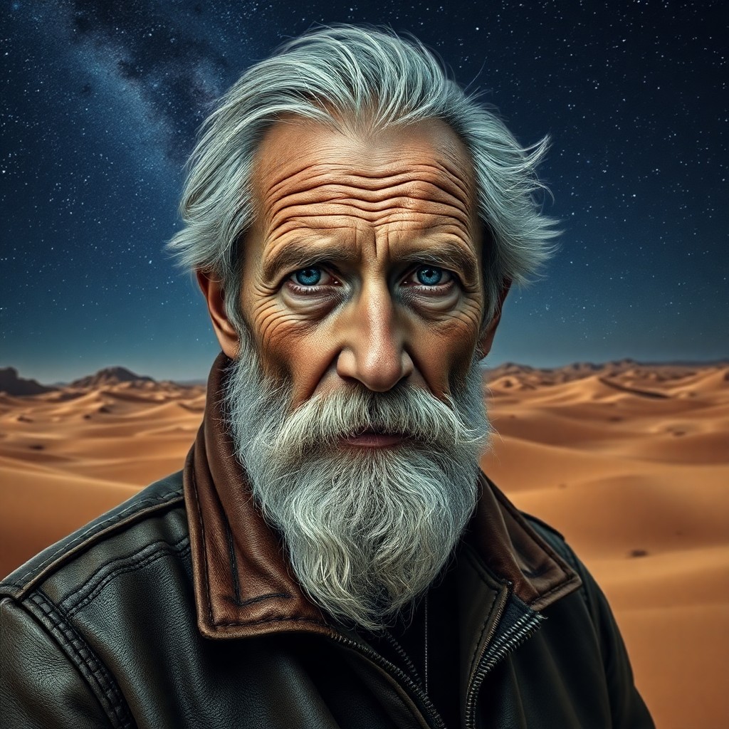 AI generated art for prompt: A digital portrait captures an elderly man with weathered skin and a grizzled beard, his piercing bl