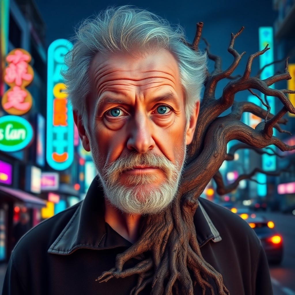 AI generated art for prompt: A photorealistic portrait photograph showcases an elderly man with piercing blue eyes, graying hair,