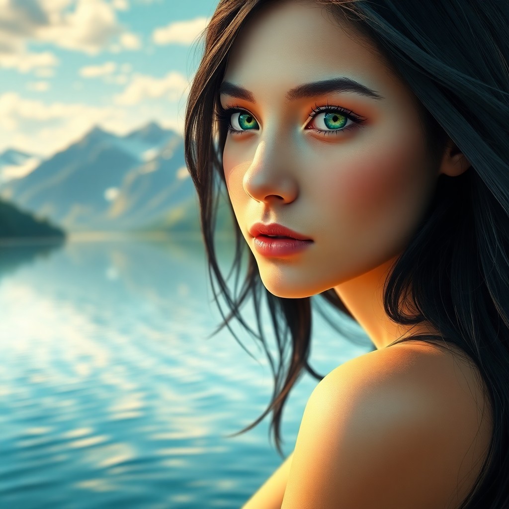 AI generated art for prompt: A photorealistic portrait depicts a young woman with porcelain skin and captivating emerald eyes, he