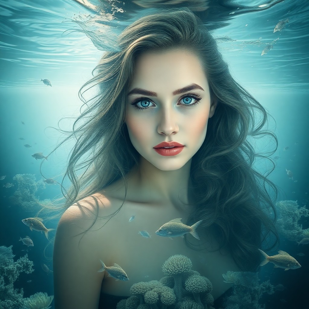 AI generated art for prompt: Imagine a photorealistic digital portrait merging an elegant woman with an ethereal underwater realm