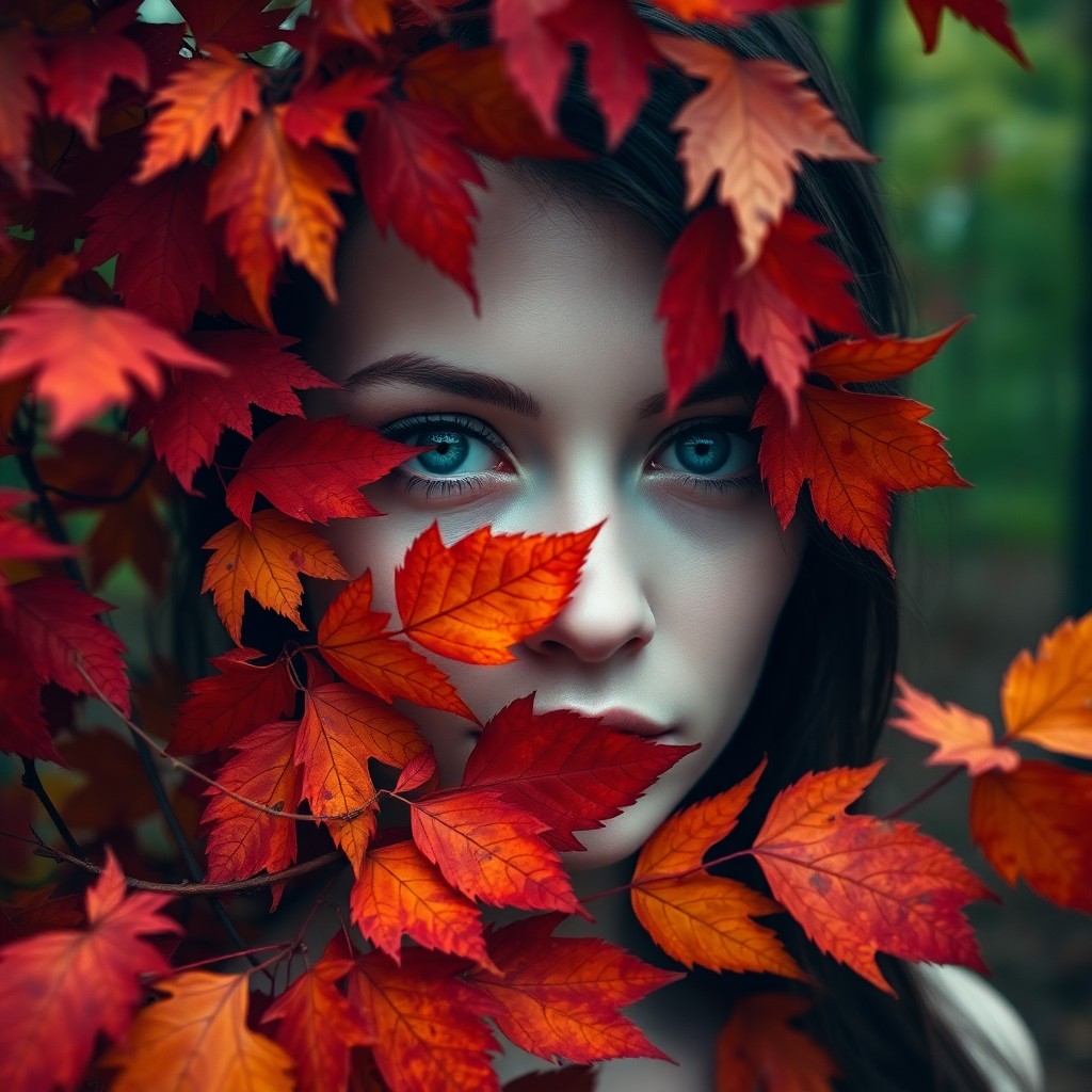 AI generated art for prompt: Envision a portrait photograph of an enigmatic woman whose face is partly hidden by swirling autumn 