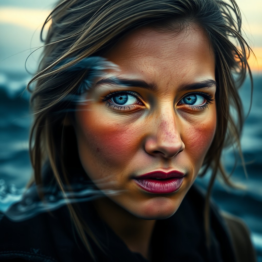 AI generated art for prompt: A captivating double exposure portrait features a weathered young woman with piercing blue eyes and 