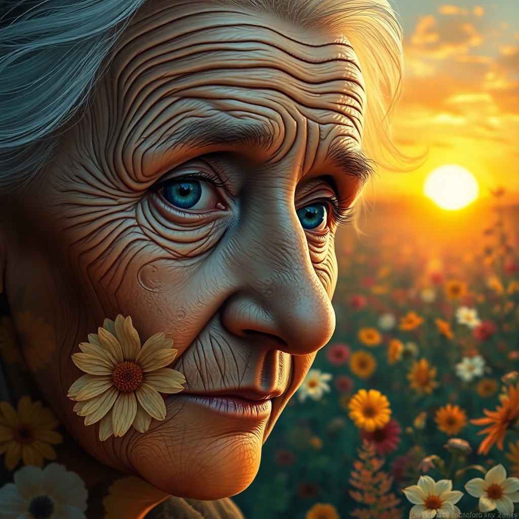 AI generated art for prompt: A digital portrait painting showcases an elderly woman with deep wrinkles on her weathered face, gaz