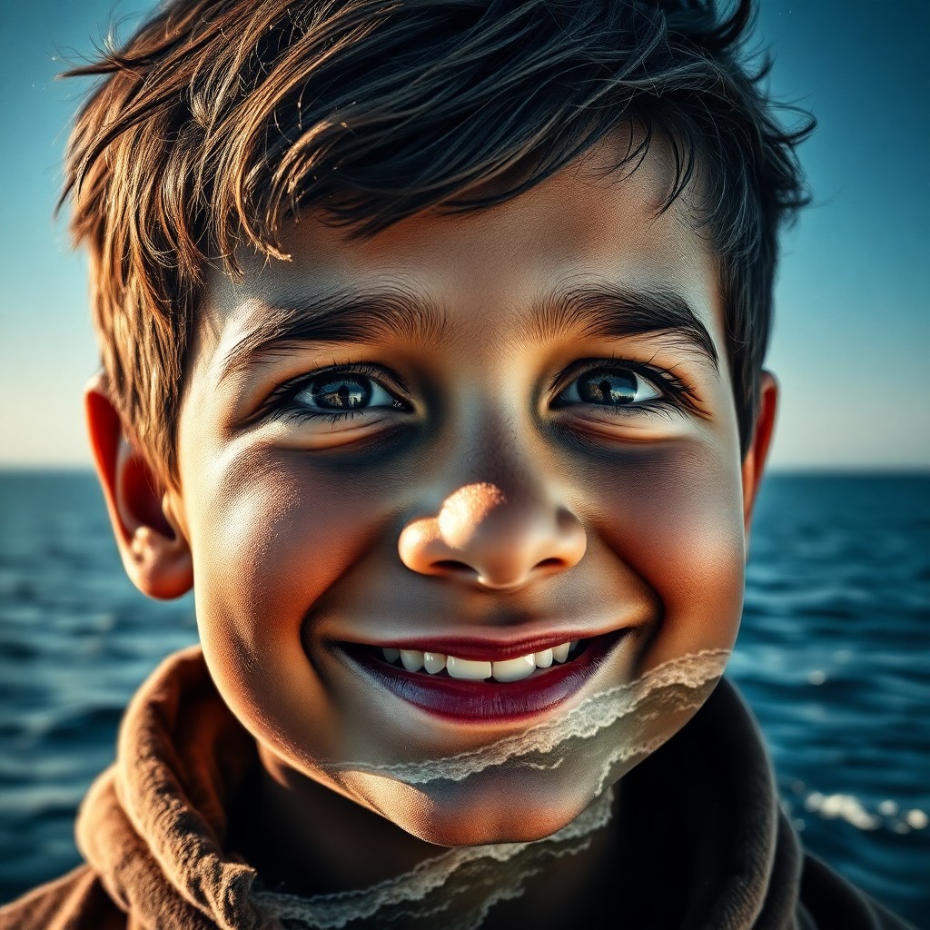 AI generated art for prompt: A captivating double exposure portrait showcases a weathered yet joyful boy gazing into the horizon.