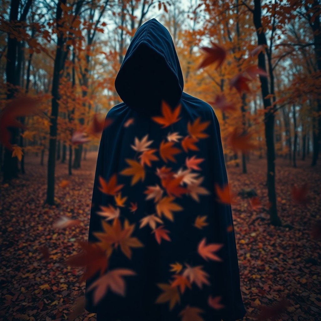 AI generated art for prompt: An enigmatic figure cloaked in deep blue twilight stands amidst an autumnal forest's vibrant chaos. 