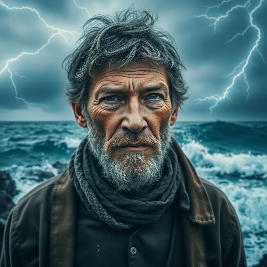 AI generated art for prompt: Create a photorealistic portrait of a weathered fisherman standing resolute against a stormy sea. Em