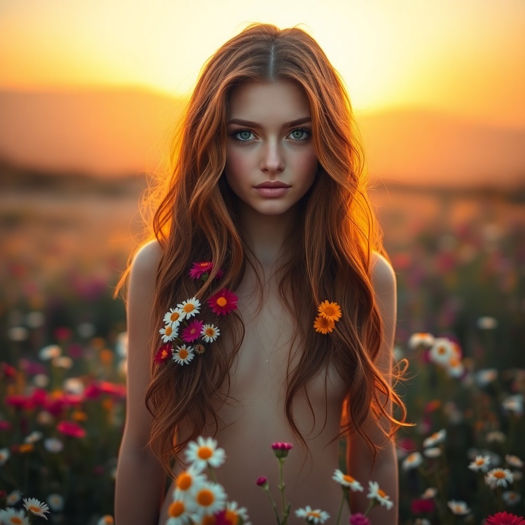 AI generated art for prompt: A captivating portrait photograph depicts a young woman with long, chestnut hair adorned by warm amb