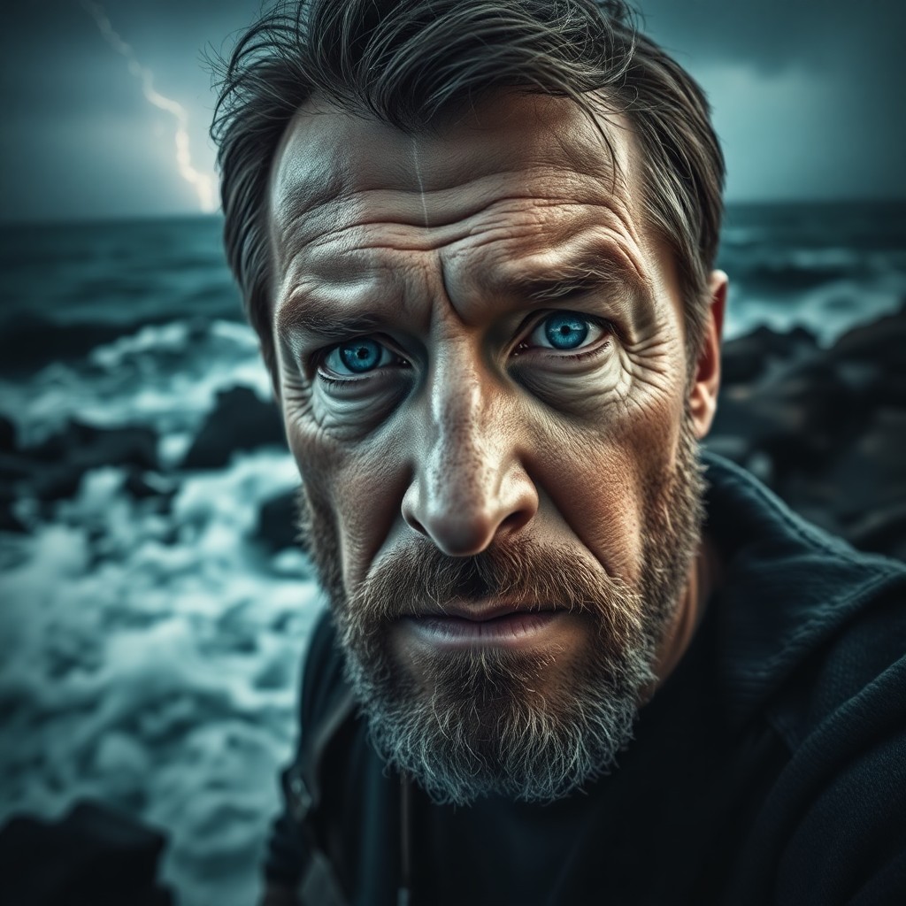 AI generated art for prompt: Imagine a compelling portrait of a middle-aged man with rugged features and piercing blue eyes, capt