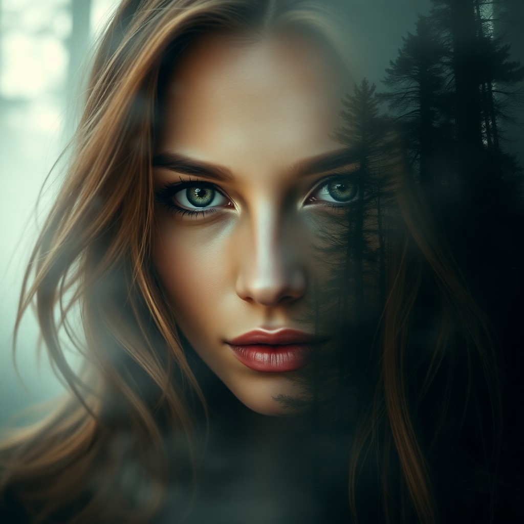 AI generated art for prompt: A captivating double exposure portrait showcases an alluring woman with sun-kissed hair flowing over