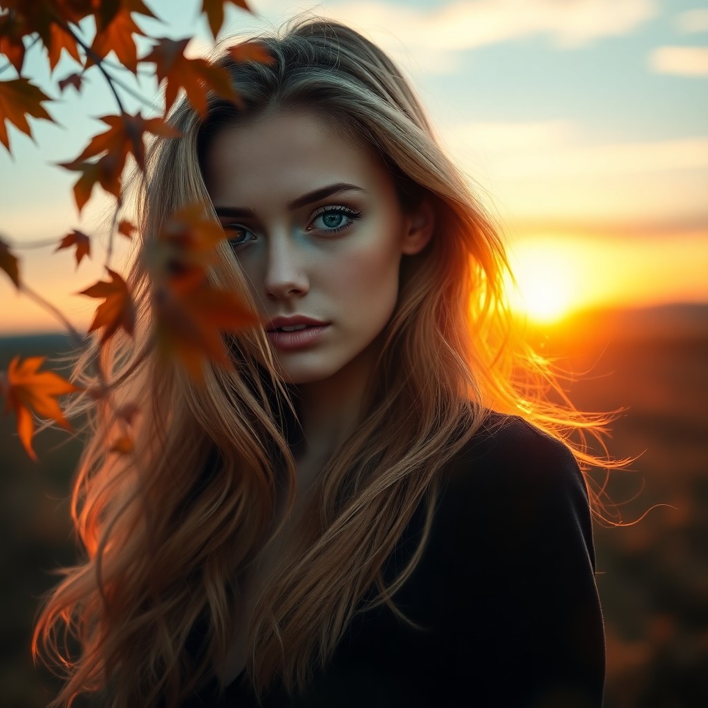 AI generated art for prompt: A captivating double exposure portrait showcases a young woman with flowing golden locks and strikin