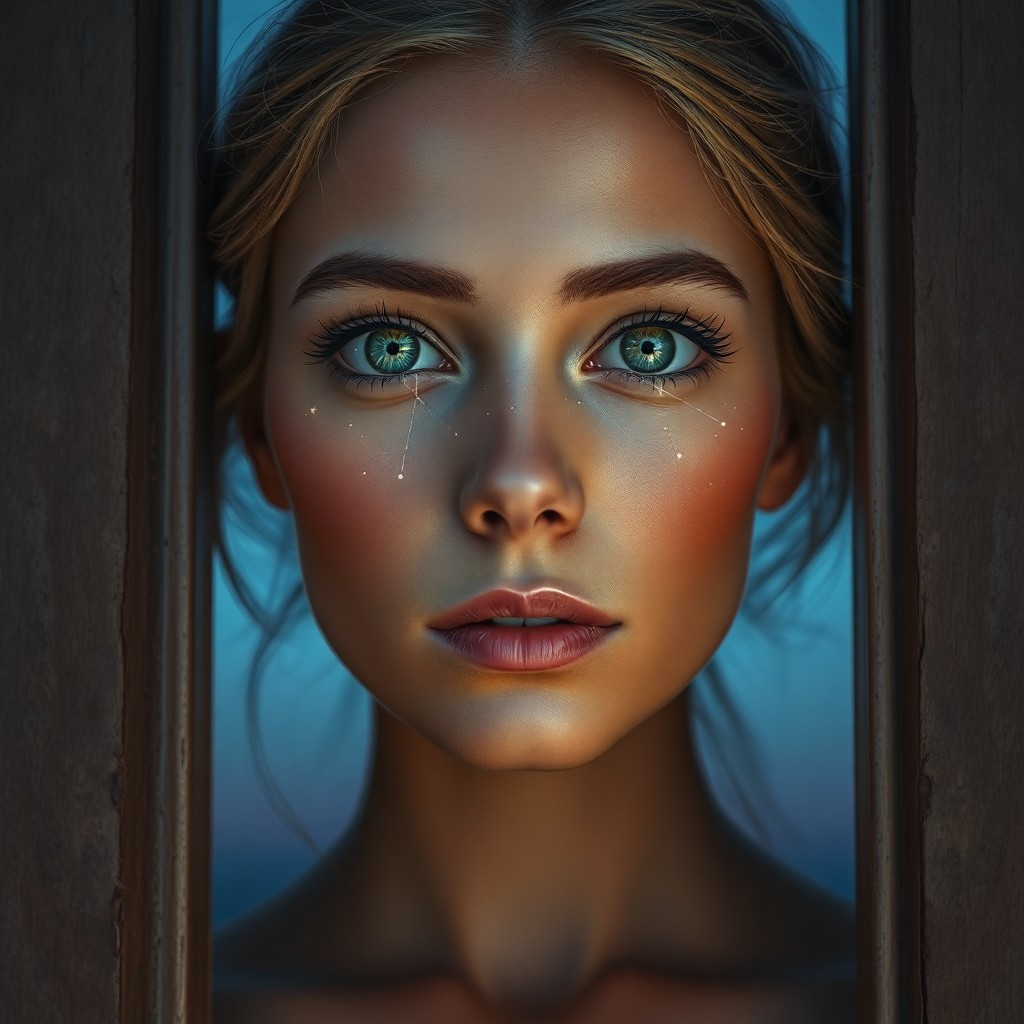 AI generated art for prompt: Craft a photorealistic portrait of a young woman with enchanting eyes, her gaze mirroring the tranqu