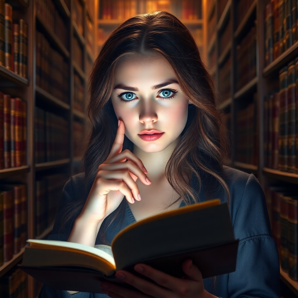 AI generated art for prompt: A young woman, with piercing blue eyes and cascading chestnut hair, stands amidst an ancient library