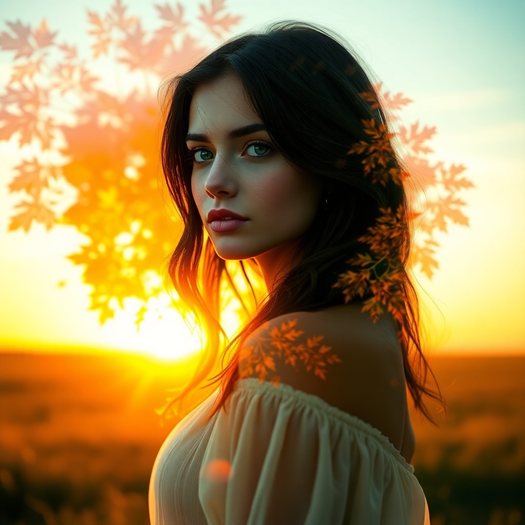 AI generated art for prompt: A captivating double exposure portrait showcases a woman of delicate beauty with long, dark hair and