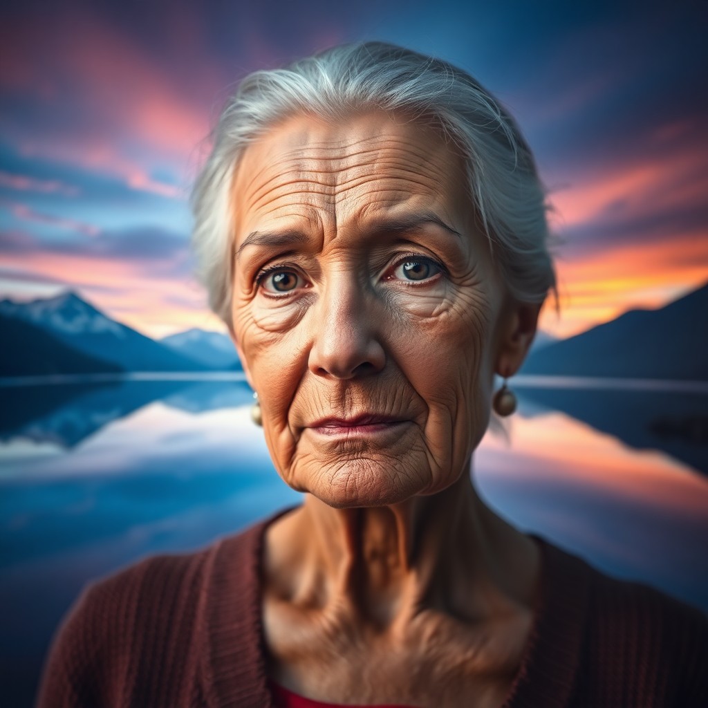 AI generated art for prompt: Craft an evocative double exposure portrait of a wise-looking older woman with deep lines on her fac