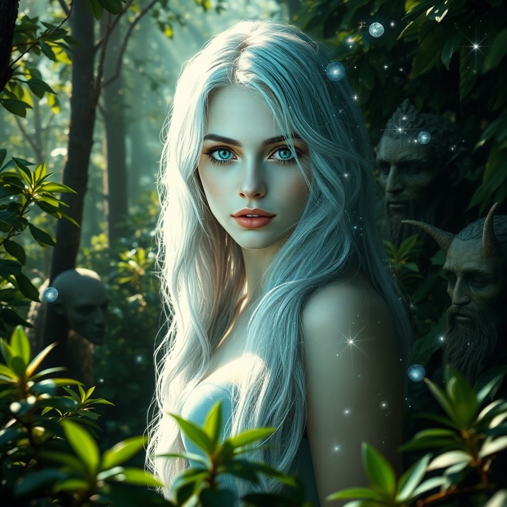 AI generated art for prompt: Ethereal woman with cascading silver locks and mesmerizing emerald eyes stands serene amidst a lush 