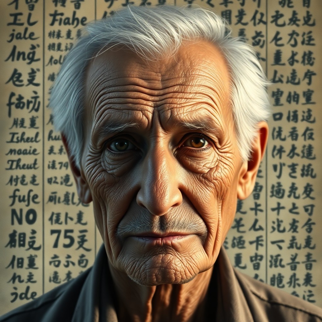 AI generated art for prompt: Craft a photorealistic portrait of an elderly man with wrinkled skin, deep-set eyes, and wispy white