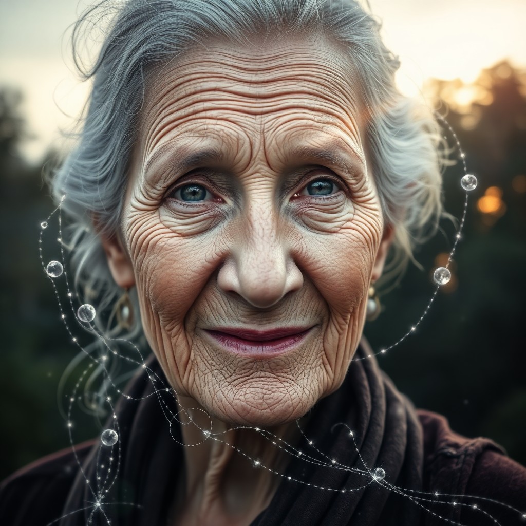 AI generated art for prompt: Envision a captivating portrait photograph of an elderly woman, her wise and kind eyes exuding centu