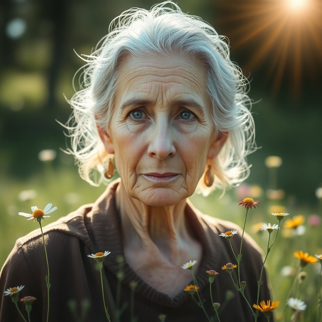 AI generated art for prompt: A serene elderly woman, her face etched with life's experiences, stands as the subject of an evocati