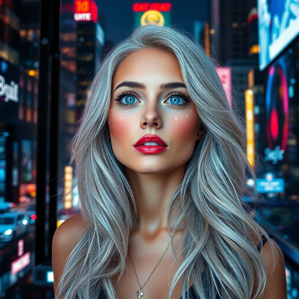 AI generated art for prompt: A captivating portrait depicts a woman adorned with cascading silver locks and piercing blue eyes am