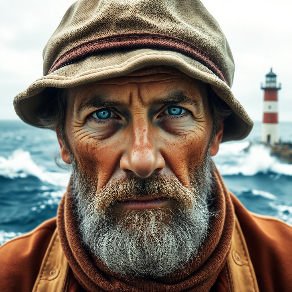 AI generated art for prompt: Craft a photorealistic portrait of an experienced sailor with weathered skin and piercing blue eyes 