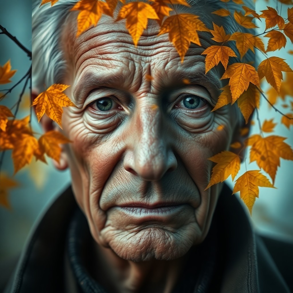 AI generated art for prompt: Create a photorealistic double exposure portrait showcasing an elderly man with weathered skin and p