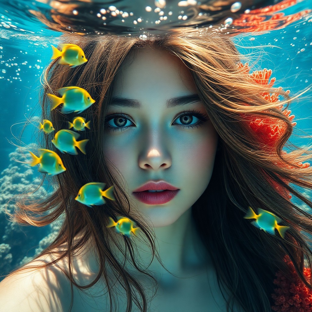 AI generated art for prompt: Craft a captivating portrait of a young woman, her face partially veiled by vibrant coral reef life,