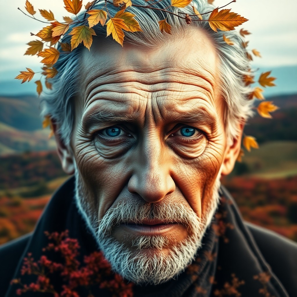 AI generated art for prompt: Imagine a captivating double exposure portrait of an elderly man with piercing blue eyes. His rugged