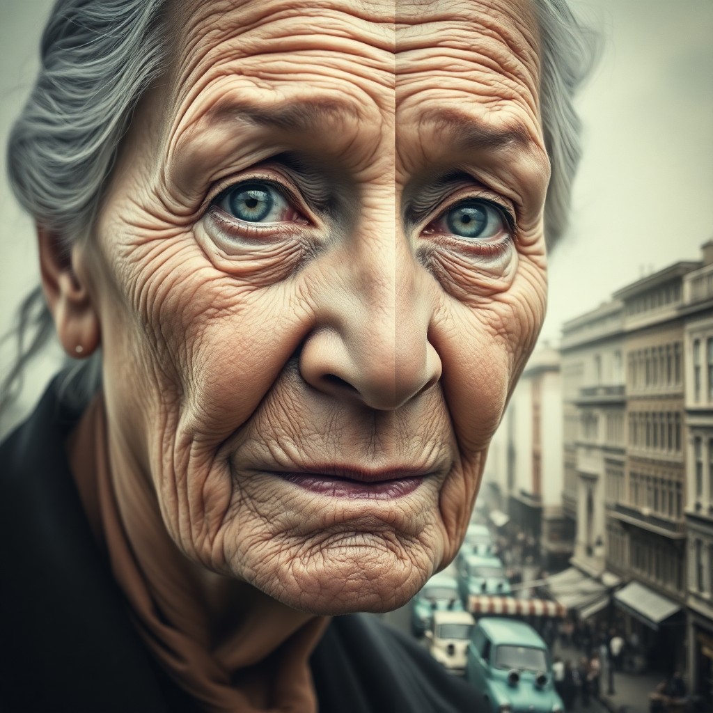 AI generated art for prompt: Create a photorealistic double exposure portrait showcasing an elderly woman's wrinkled visage and p