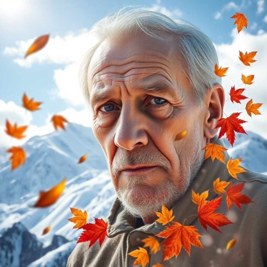 AI generated art for prompt: Envision a captivating portrait of an elderly man with solemn eyes and weathered skin, seamlessly me