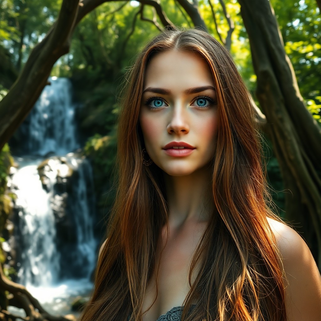 AI generated art for prompt: A mirrorless camera captures a photorealistic portrait of a woman with piercing blue eyes and long c