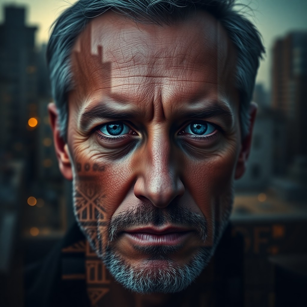 AI generated art for prompt: A DSLR captures a captivating portrait of a middle-aged man, his enigmatic presence enhanced by intr