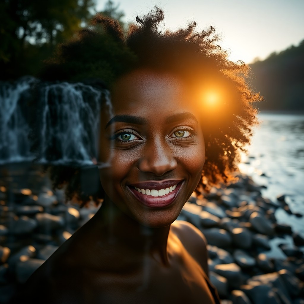 AI generated art for prompt: A double-exposure portrait showcases a vibrant Afro-Latinx woman with captivating green eyes and a w