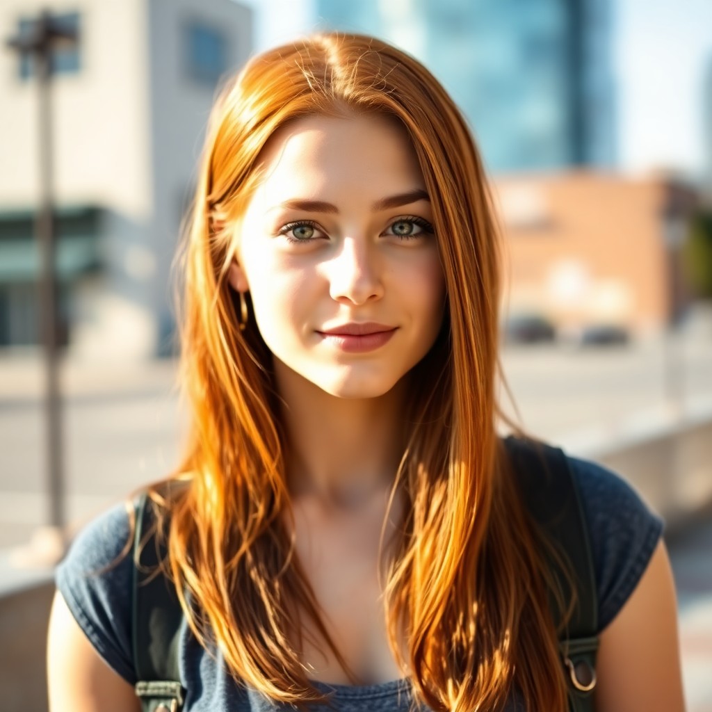 AI generated art for prompt: A young woman in her early twenties stands outdoors against an urban backdrop, wearing casual attire