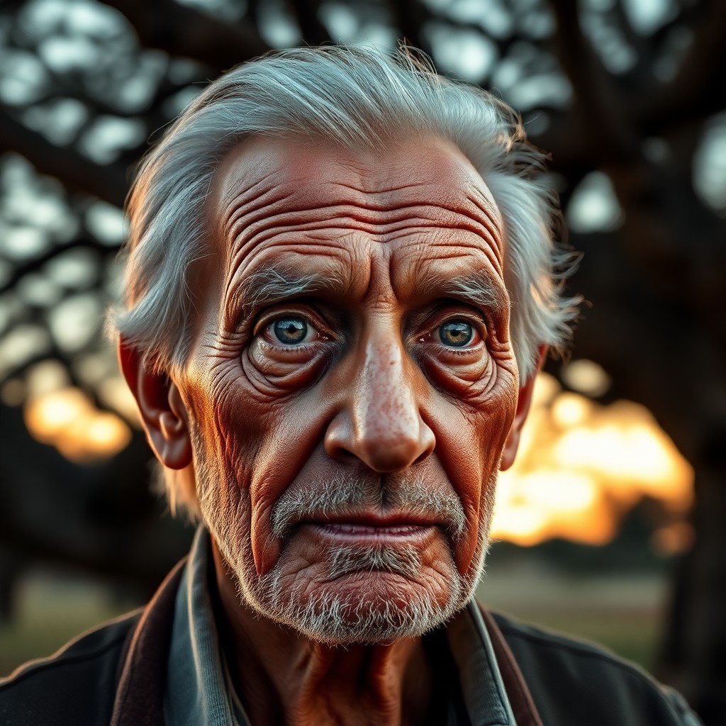 AI generated art for prompt: Create an evocative portrait of a wise old man with deep-set eyes that seem to hold centuries of sto