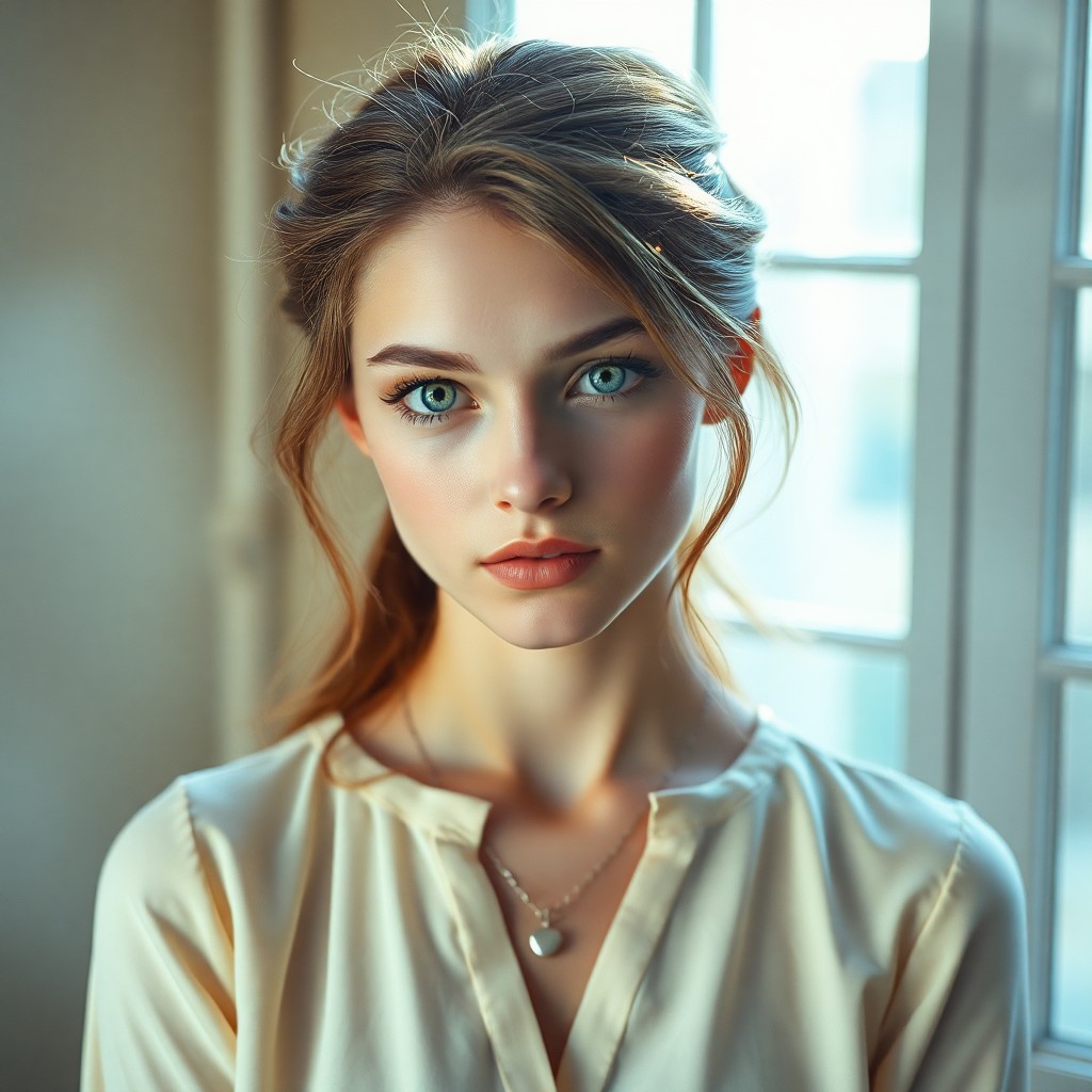 AI generated art for prompt: Craft a photograph portrait focusing on an enigmatic young woman with expressive green eyes set agai