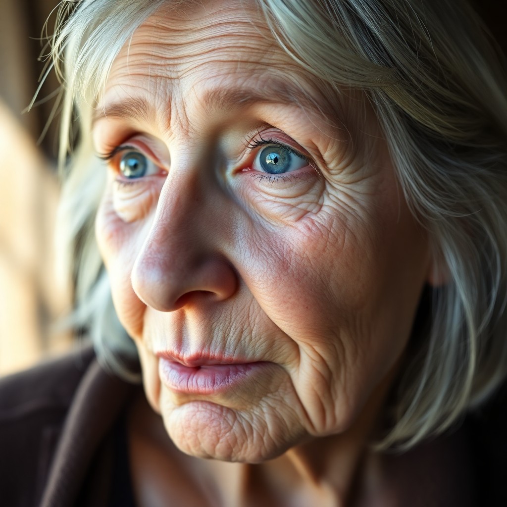 AI generated art for prompt: Create a photograph portrait of an elderly Caucasian woman with deep blue eyes, delicate freckles ac