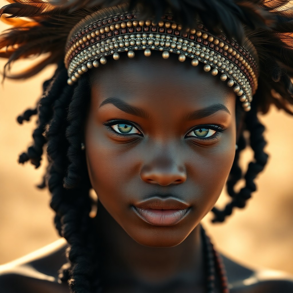 AI generated art for prompt: A photograph portrait capturing a young African American woman with striking green eyes set against 