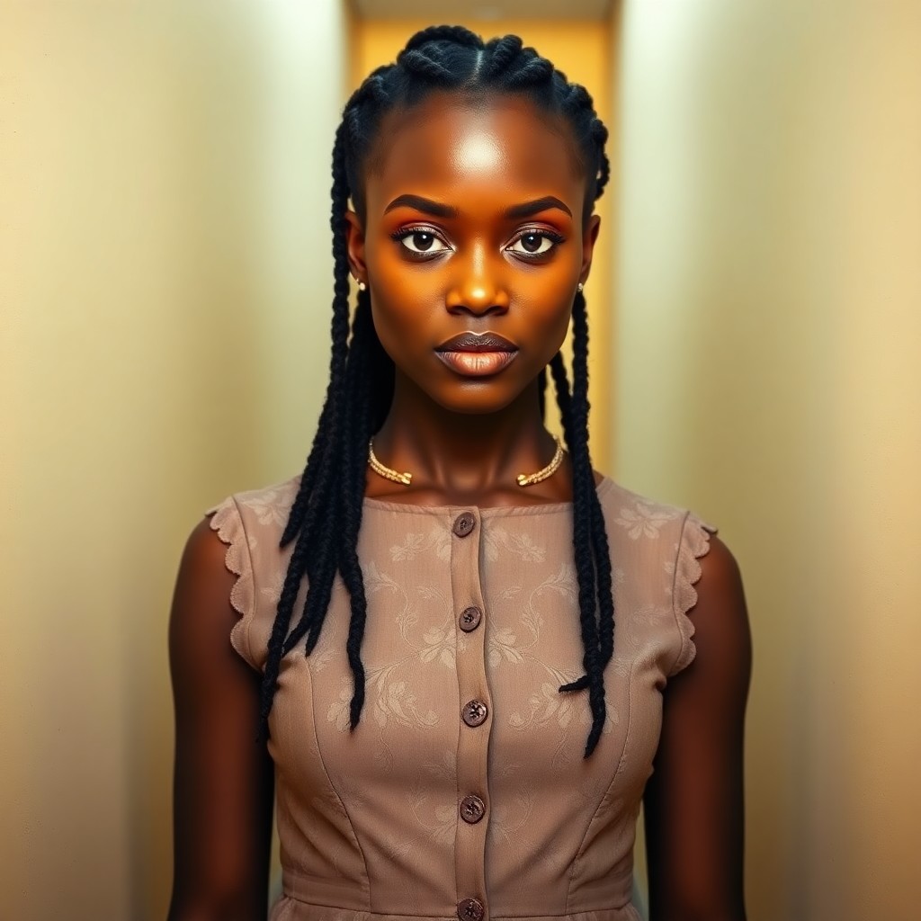 AI generated art for prompt: Create a photograph portrait of a young African American woman with close-cropped dreadlocks, her sk