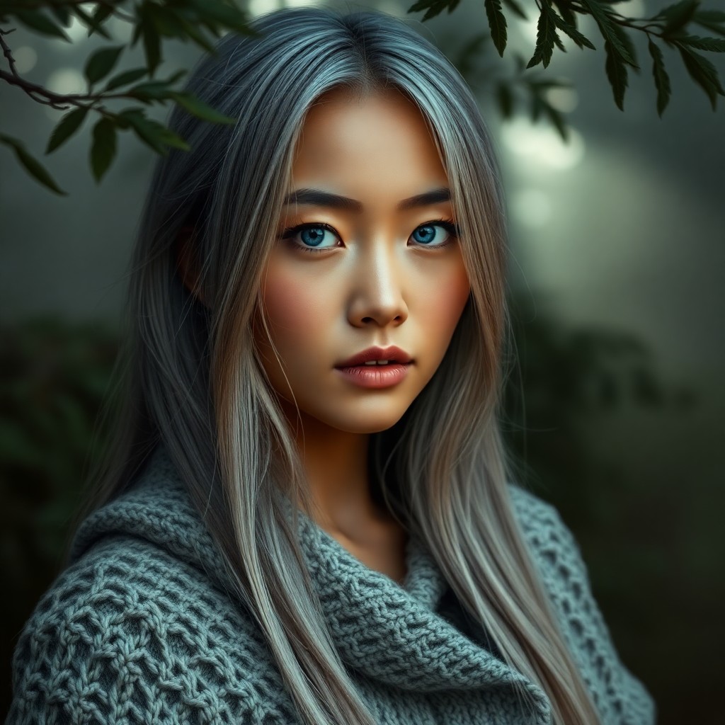 AI generated art for prompt: Imagine a captivating portrait photograph featuring an East Asian woman with striking blue eyes and 