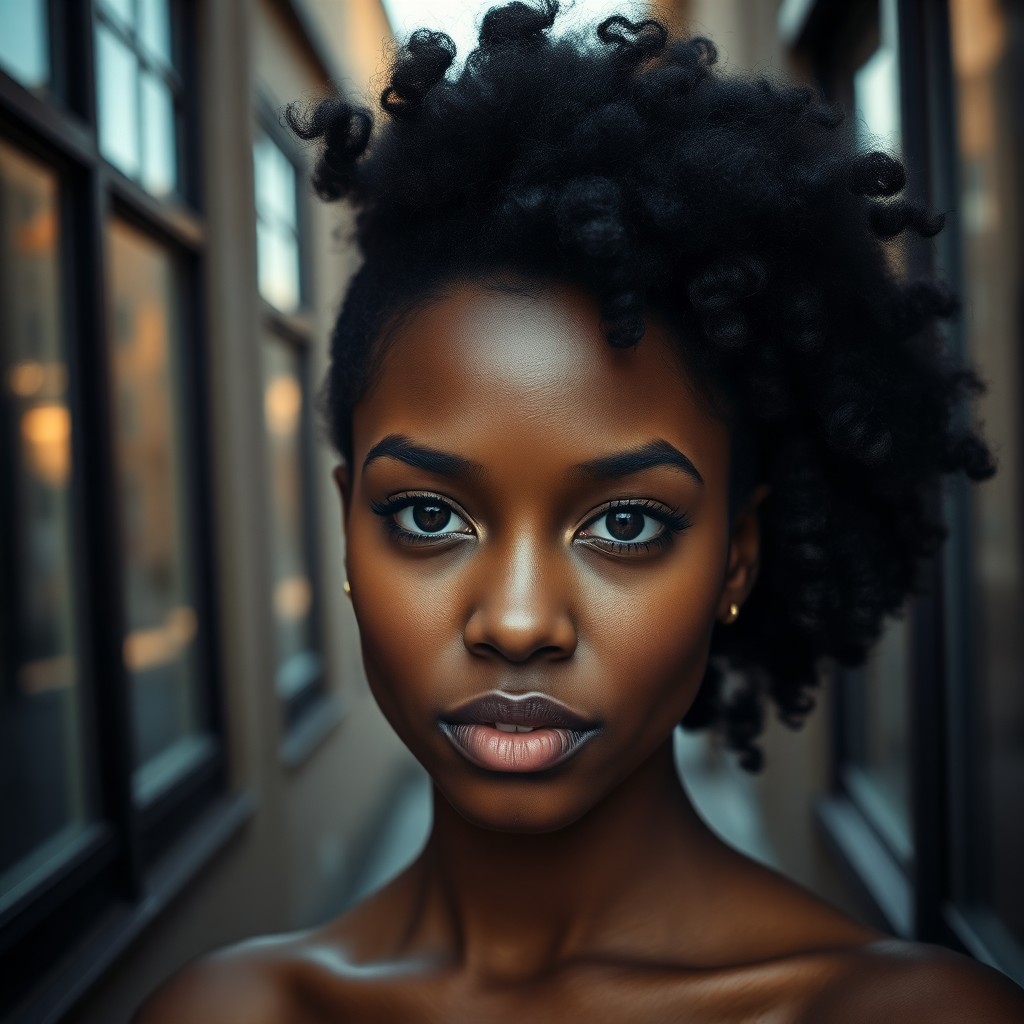 AI generated art for prompt: A photograph portrait showcasing a young African American woman in her early twenties with expressiv